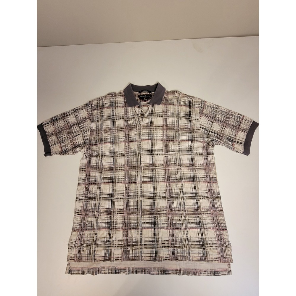 Firethorn Mens XL Polo Shirt Combed Cotton Fine Gauge Interlock Plaid Grey Cream